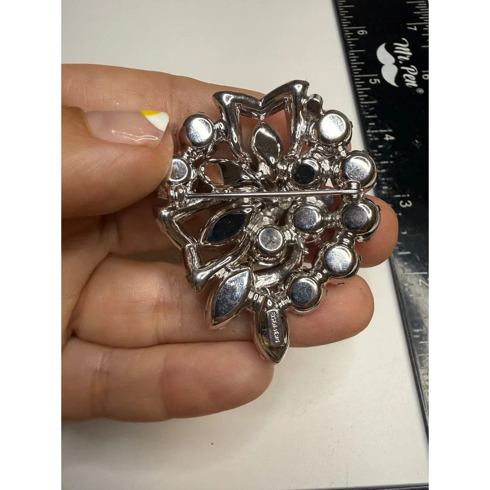 Eisenberg Ice Clear Rhinestone Floral Brooch Silver Tone Marquise Round Pin